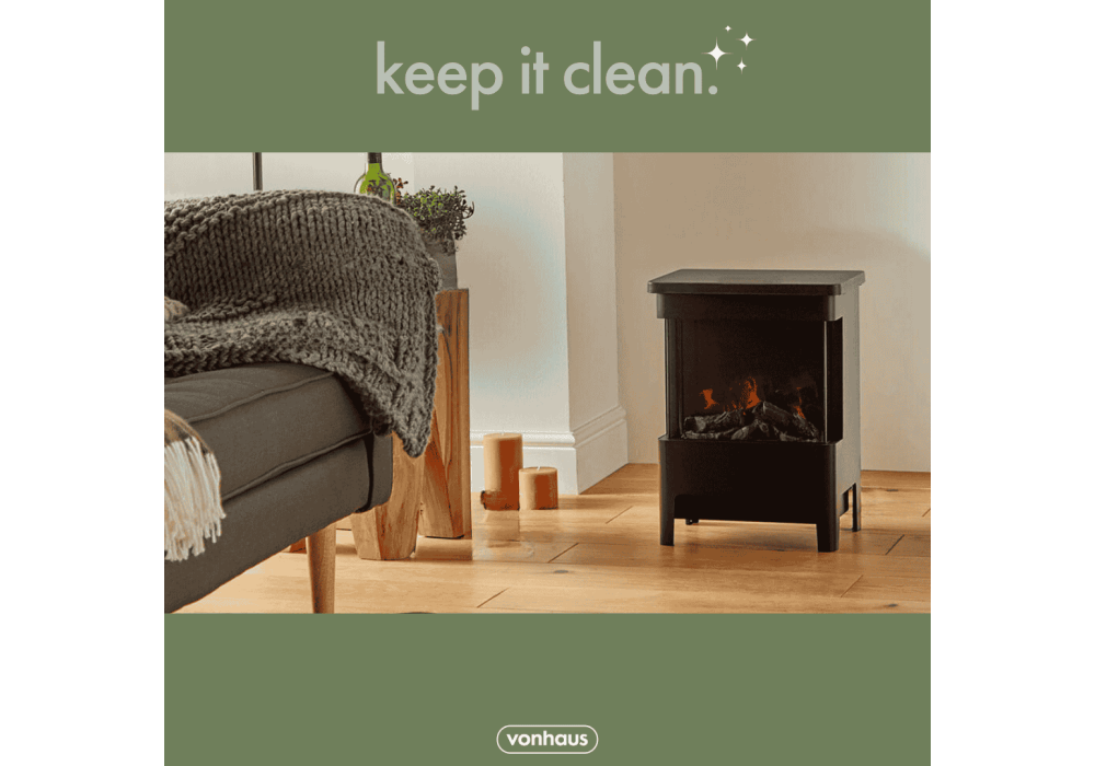VonHaus stove heater with 'keep it clean' slogan