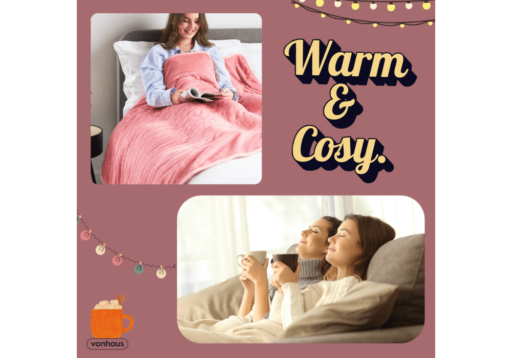 Warm and cosy graphic with girls snuggling in heated blankets