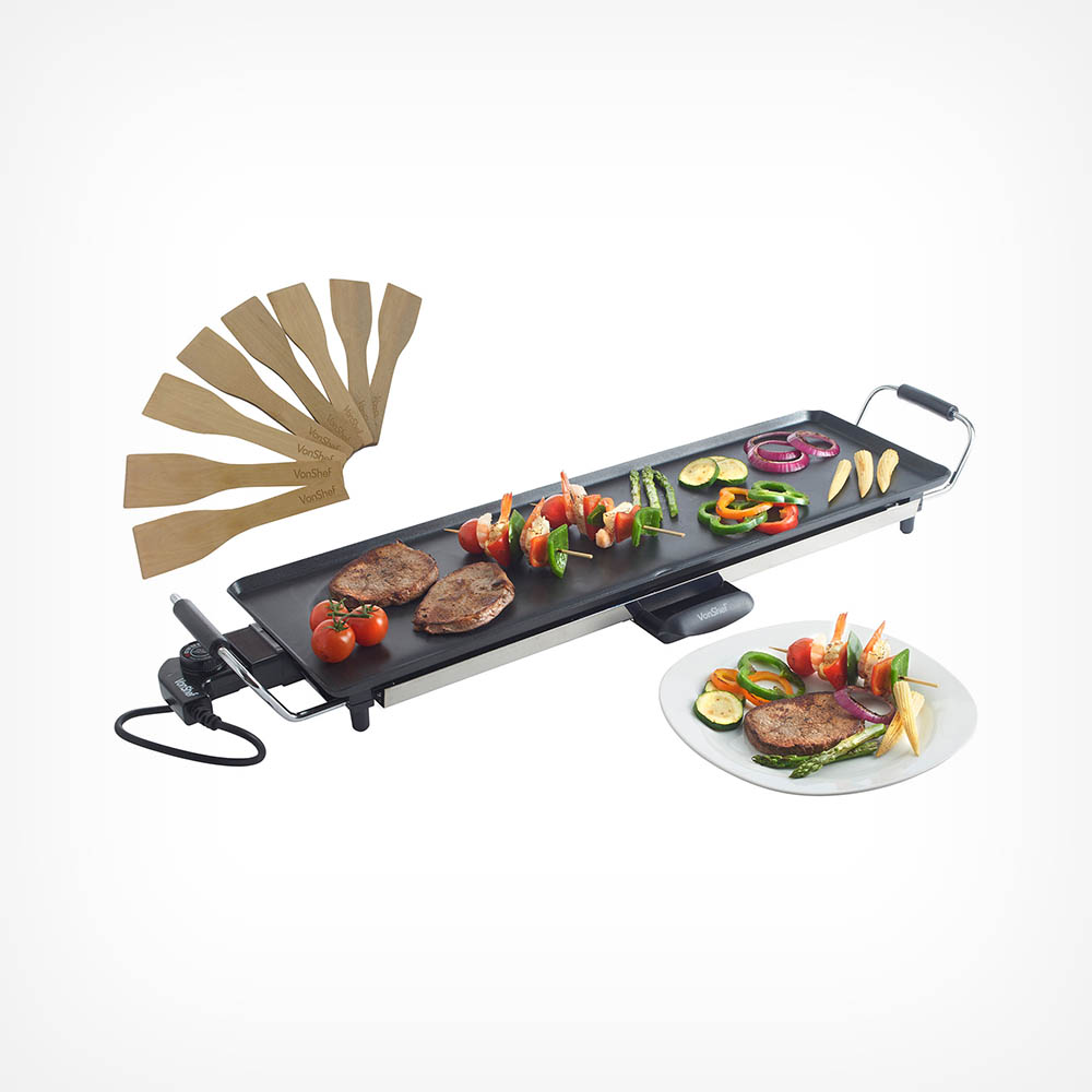 Anti-Slip Feet and Grease Tray Plus 8 Wooden Spatulas 70 x 23cm Prochef Non-Stick Teppanyaki Grill with Cool Touch Handles 