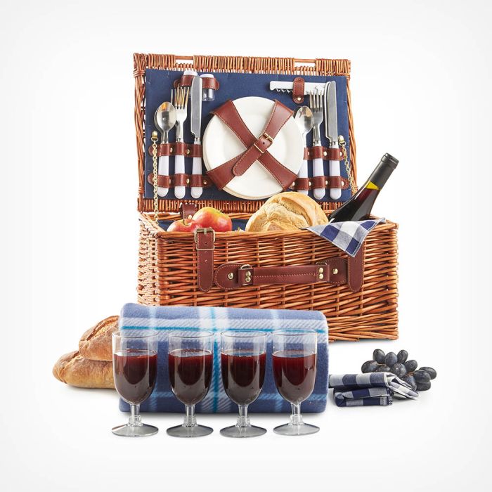 Wine Glasses & Cutlery VonShef 4 Person Wicker Basket Picnic Set with Plates 