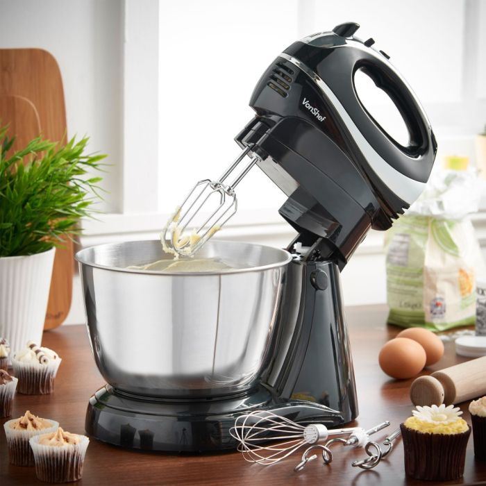 VonShef 2 in 1 Twin Hand and Stand Mixer 2X Dough Hooks /& Whisk 2X Beaters Black 300W with 5 Speeds /& Turbo Function Includes 3.5L Bowl