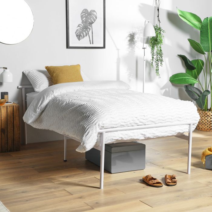 White Single Metal Bed Frame Steel, Compact Bed Frame