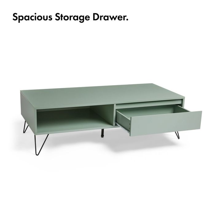Minimalist Look Modern Contemporary Tea Table for Lounge & Living Room with Spacious Storage & Open Shelving Light Pale Green Table with Black Metal Hairpin Legs VonHaus Jensen Green Coffee Table