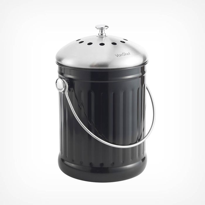 VonShef Kitchen Stainless Steel 4.5L Compost Caddy Bin & Odour Absorbing Filter 