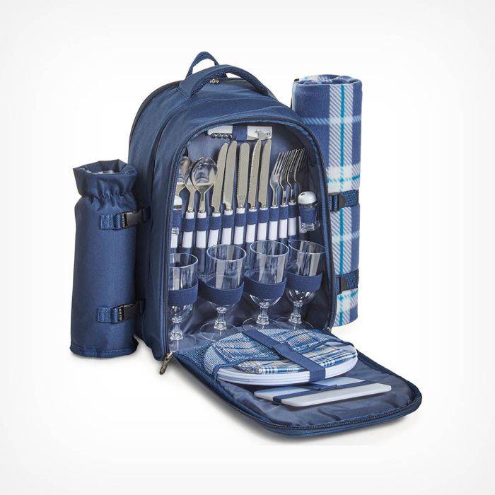4 Person Navy Tartan Picnic Backpack VonShef