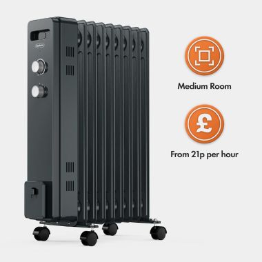 9 Fin Oil Filled Radiator With Wheels - Grey