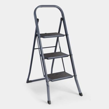 3 Step Grey Foldable Steel Ladder - Opened