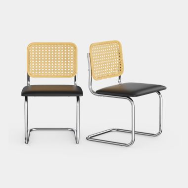 Set of 2 Rattan and black leather cushion dining chairs