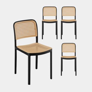Set of 4 Rattan and Black Dining Chairs