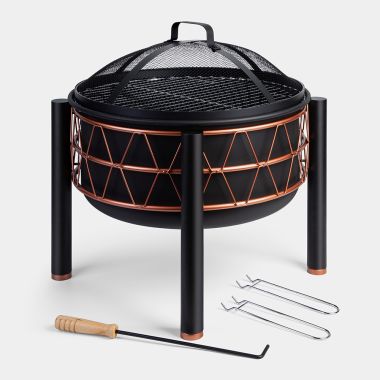 Round Black &amp; Copper Fire Pit - With Accessories