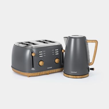 Grey Kettle And 4 Slice Toaster Set With Wooden Trim - Bundle