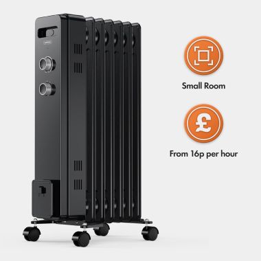 7 Fin Oil Filled Radiator With Wheels - Black
