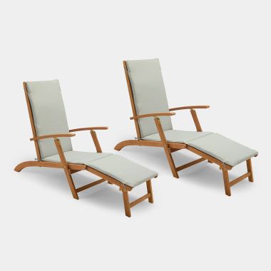 Wooden Sun Loungers Set Of 2 - With Padded Cushions