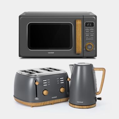 Vonshef Fika Collection Bundle Grey & Wood Microwave, Kettle & Toaster