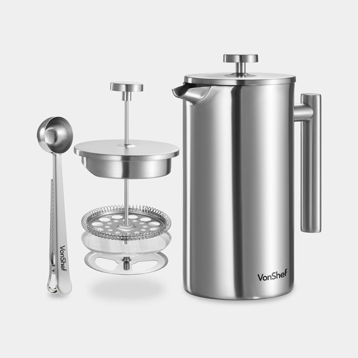 12 Cup Silver Cafetiere with Spoon Coffee Making VonShef