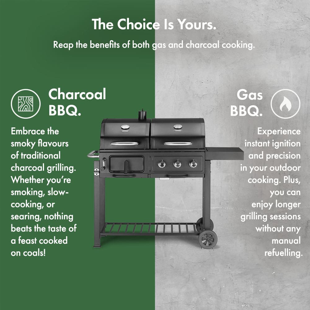 Dual BBQ features infographic split between charcoal and gas