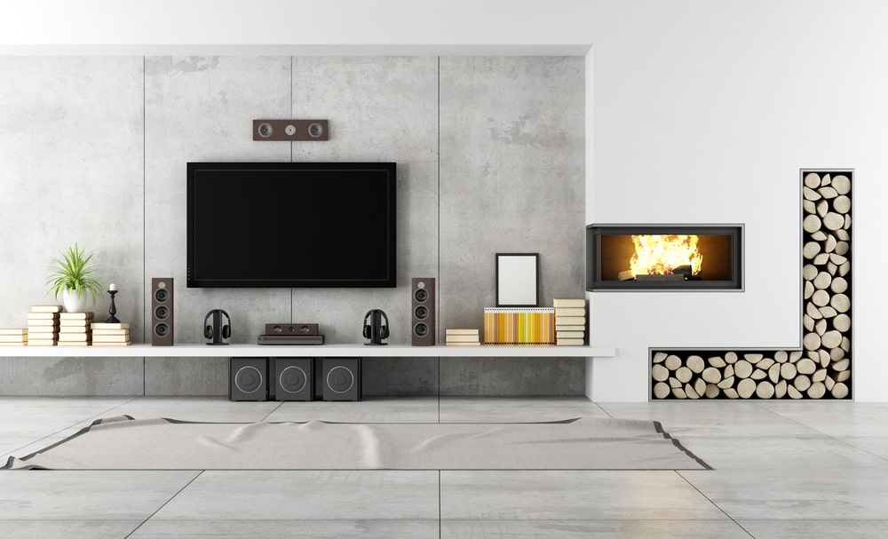 Modern grey fireplace media wall