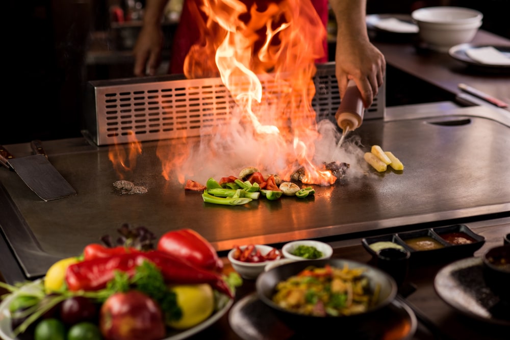 Flaming teppanyaki grill