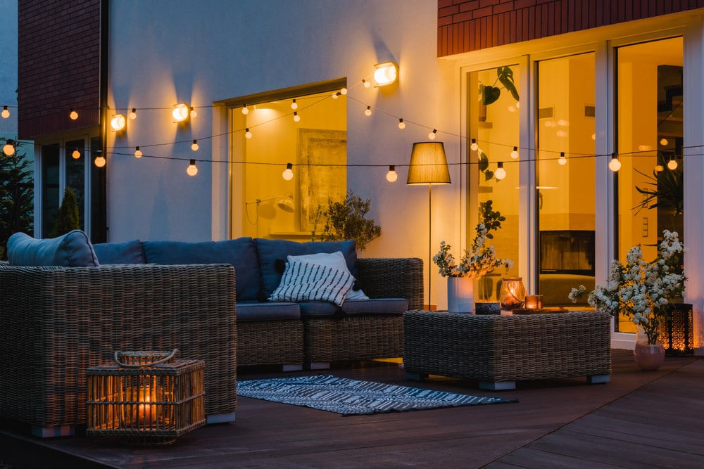 Garden patio with glowing lights
