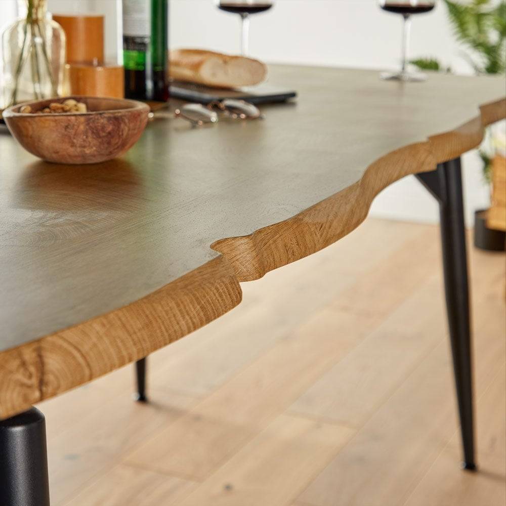 Live edge wooden table close up