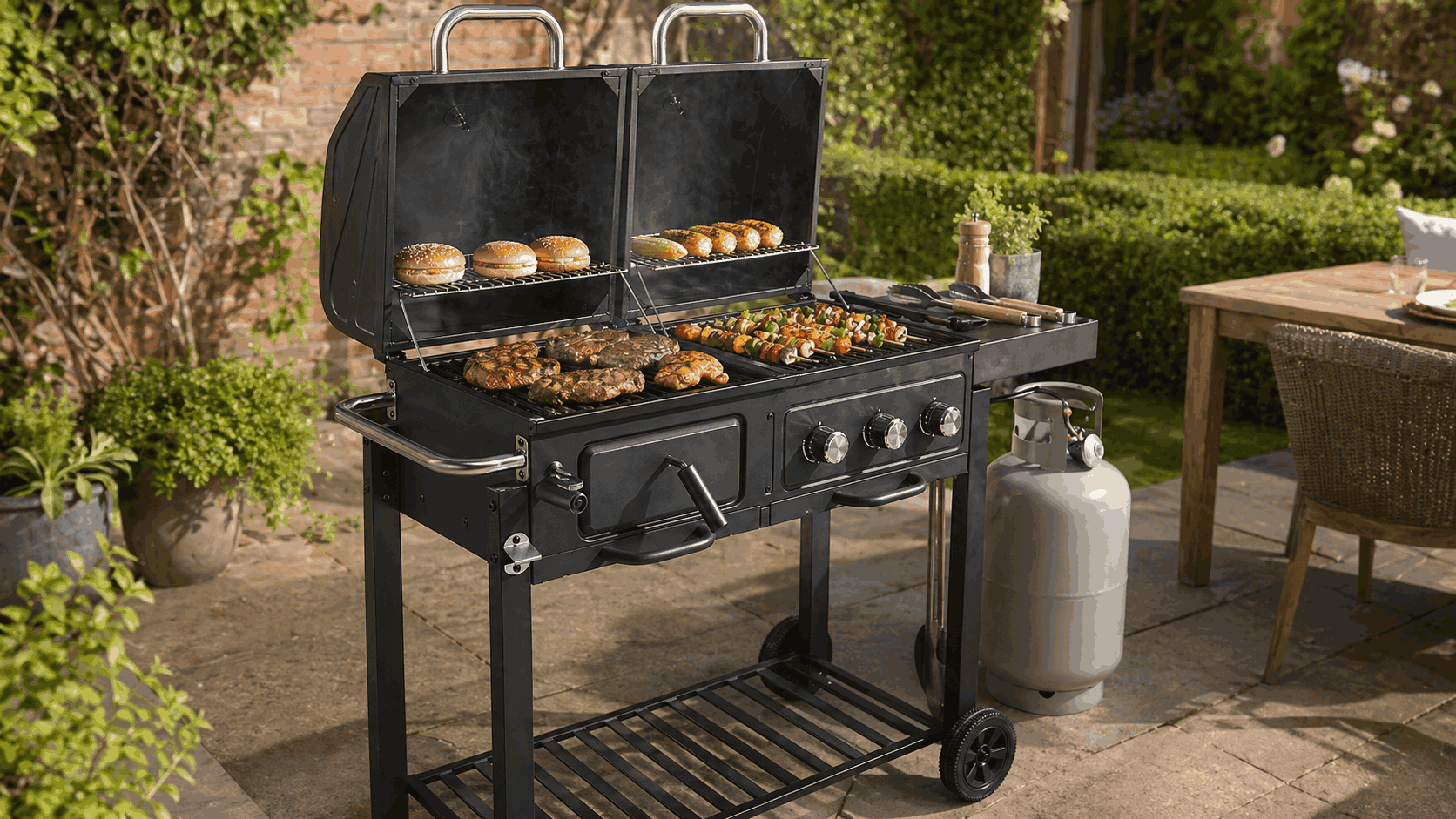 Dual fuel BBQ with different foods on the grill