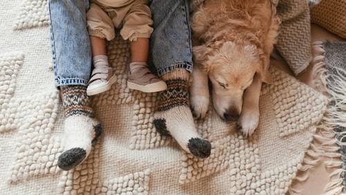 Mum and child and dog keeping warm