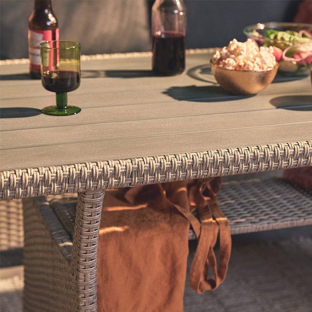 Close-up of rattan garden table