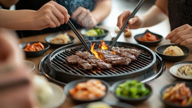People tucking into Korean BBQ