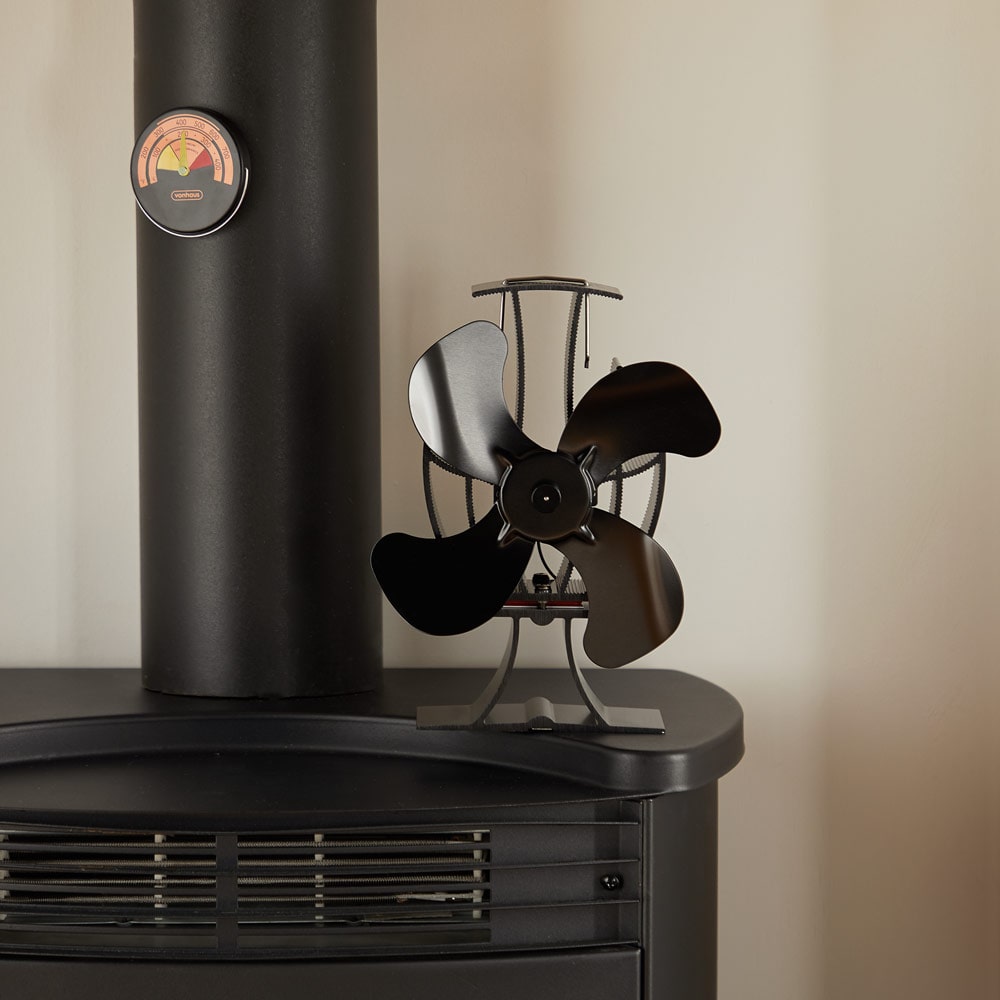 Close-up of VonHaus stove fan whirring 