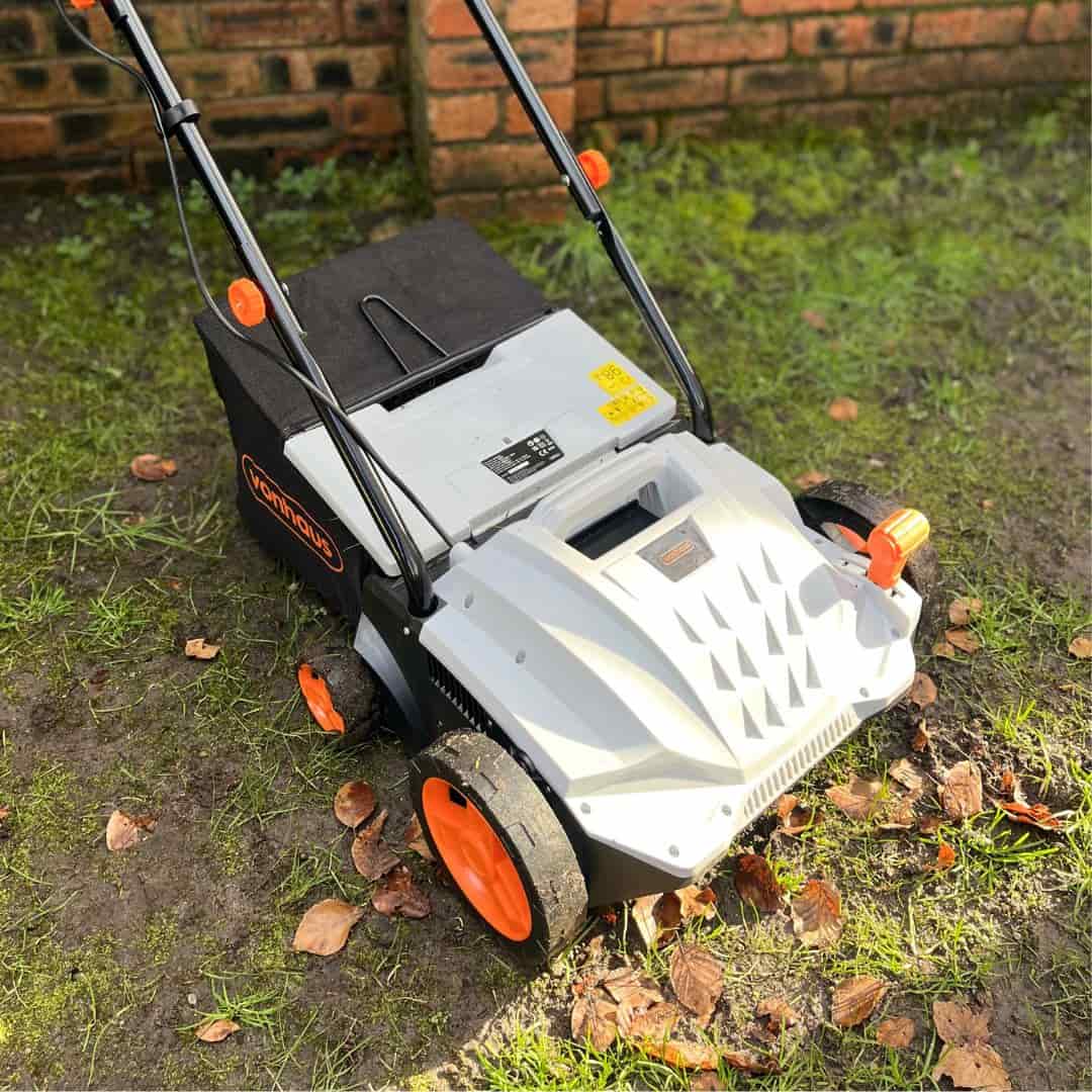 Vonhaus scrarifier on leafy autumnal lawn